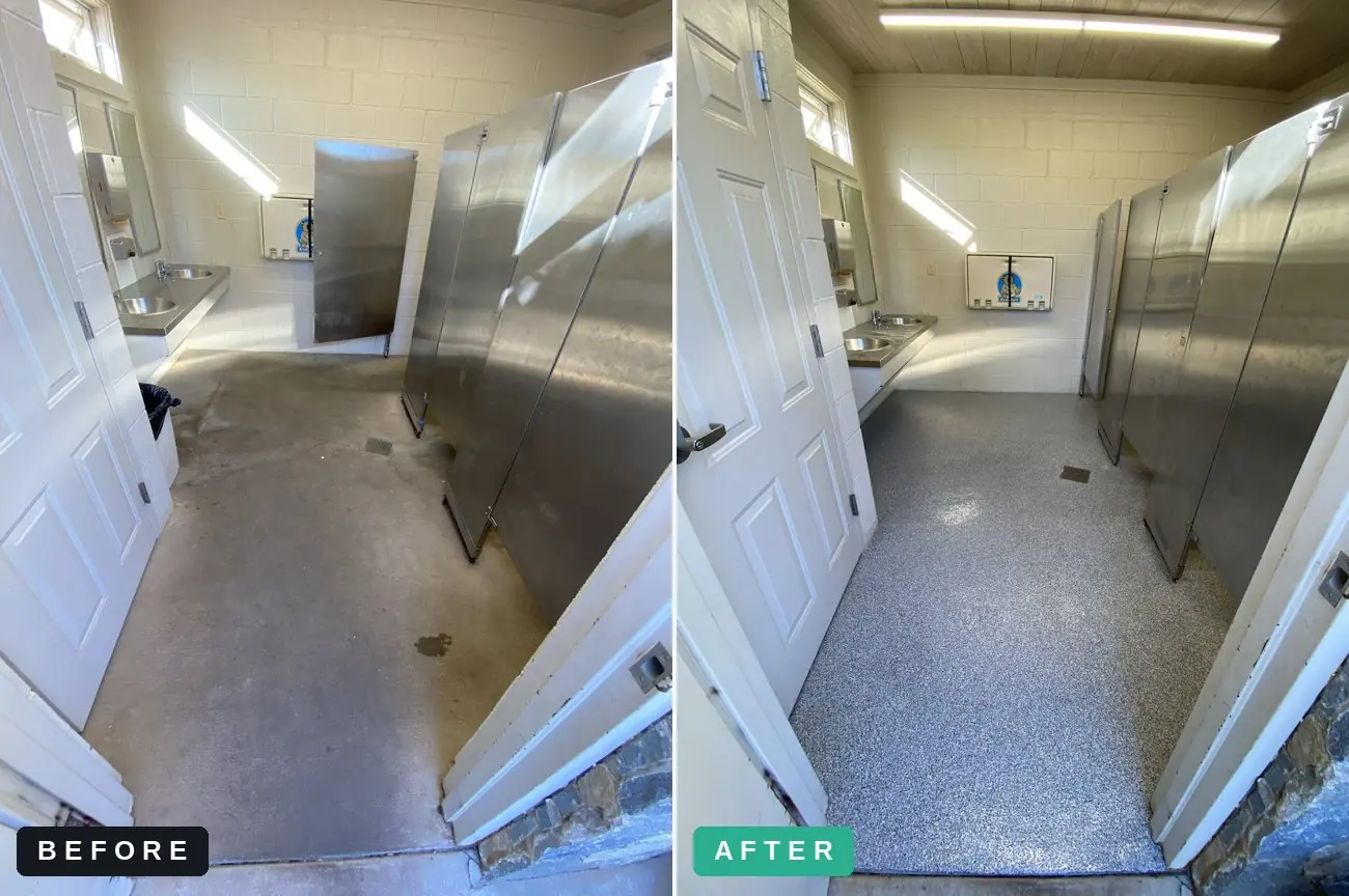 Second restroom, same building before and after — coated wall to wall, under partitions and around drains — epoxy flake flooring by Vibrant Painting, Greenville SC