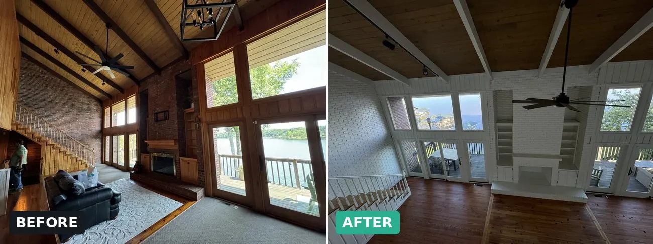 Lakeside great room before and after — Brick fireplace, beams & vaulted ceiling — interior repaint by Vibrant Painting, Greenville SC