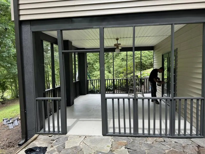 Porch interior — ceiling, rails, and columns — exterior painting by Vibrant Painting, Greenville SC