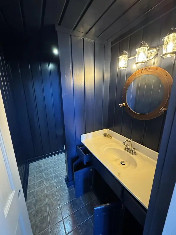 Powder room — deep navy, full coverage on paneling — lakefront home repaint by Vibrant Painting, Greenville SC