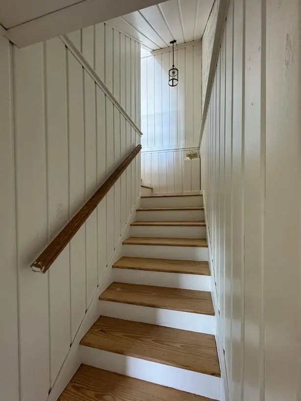 Back stairwell — walls, treads, and handrail — lakefront home repaint by Vibrant Painting, Greenville SC
