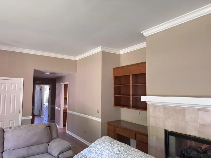 Built-in nook — walls cut clean around oak casework — interior repaint by Vibrant Painting, Greenville SC